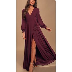 Lulu’s women My Whole Heart Burgandy Long Sleeve Faux Wrap Dress size XS NWT